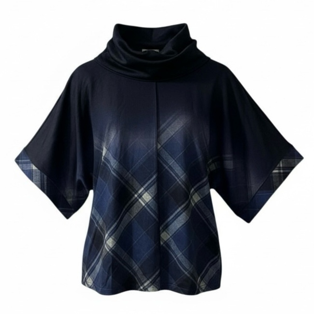 One World Tunic Top Size XS Ombre Blue Plaid Cowl Draped Funnel Neck Poncho